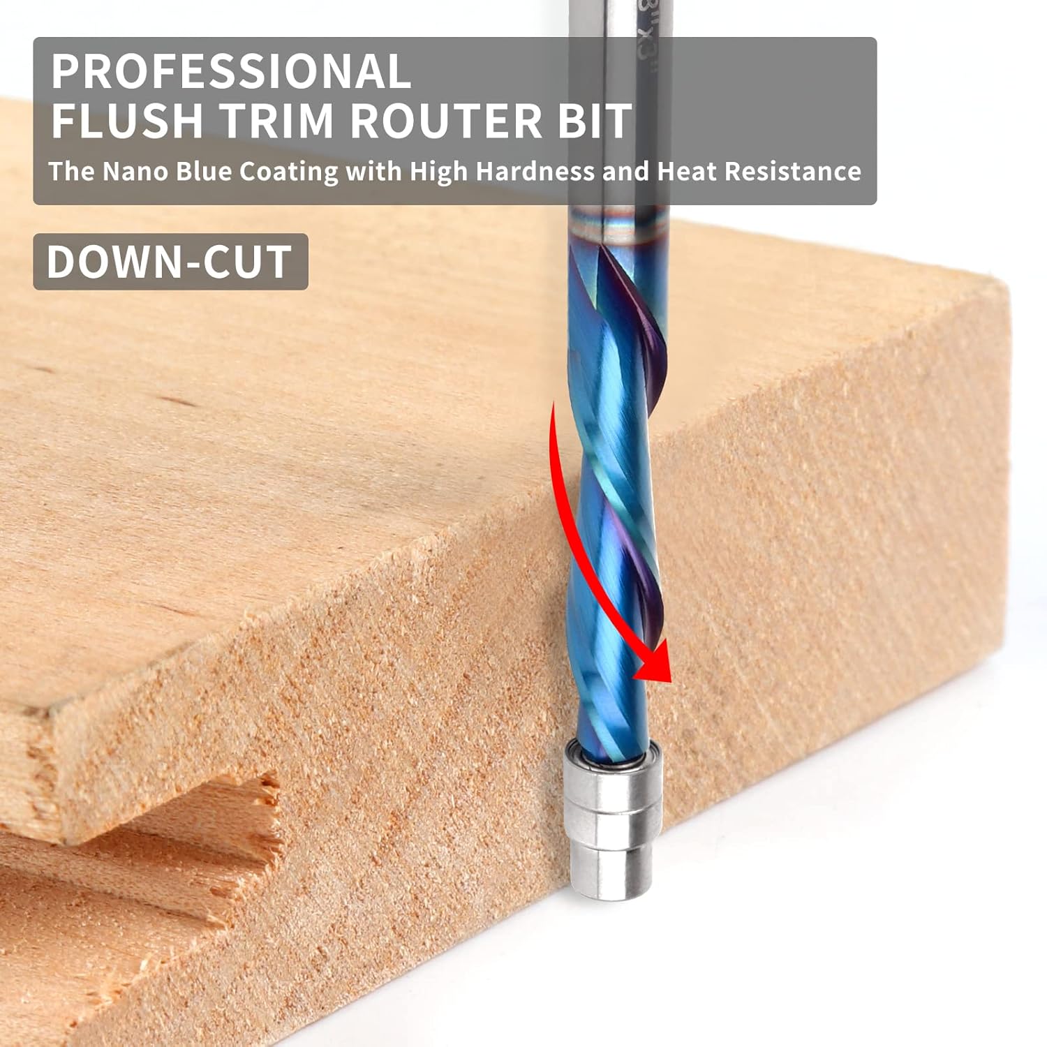 Downcut Spiral Flush Trim Router Bit, 1/4 Inch Shank Solid Carbide Flush Trim Router Bits Spiral with Nano Coated by