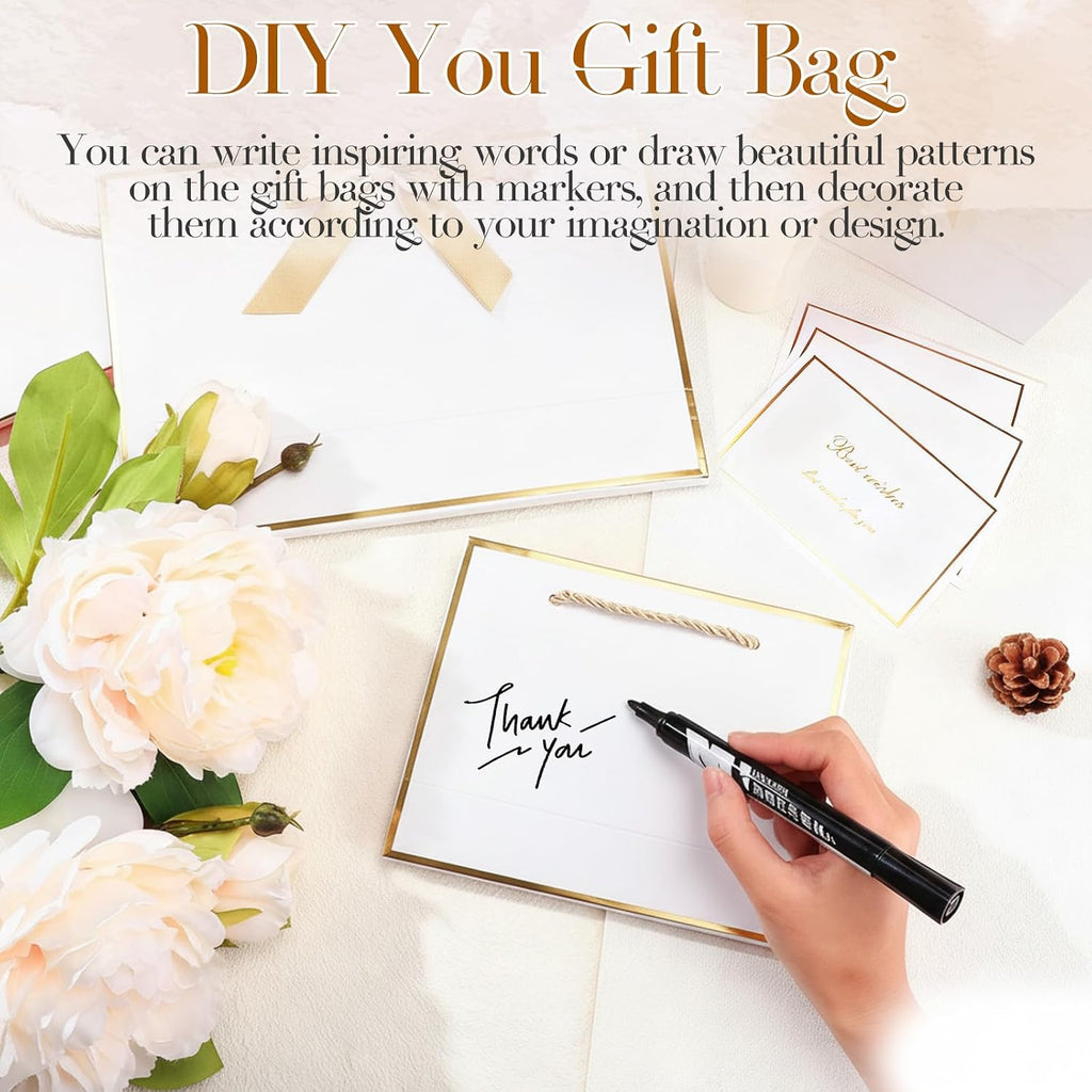 10 Set White and Gold Gift Bags Assorted Sizes with Tissue Paper
