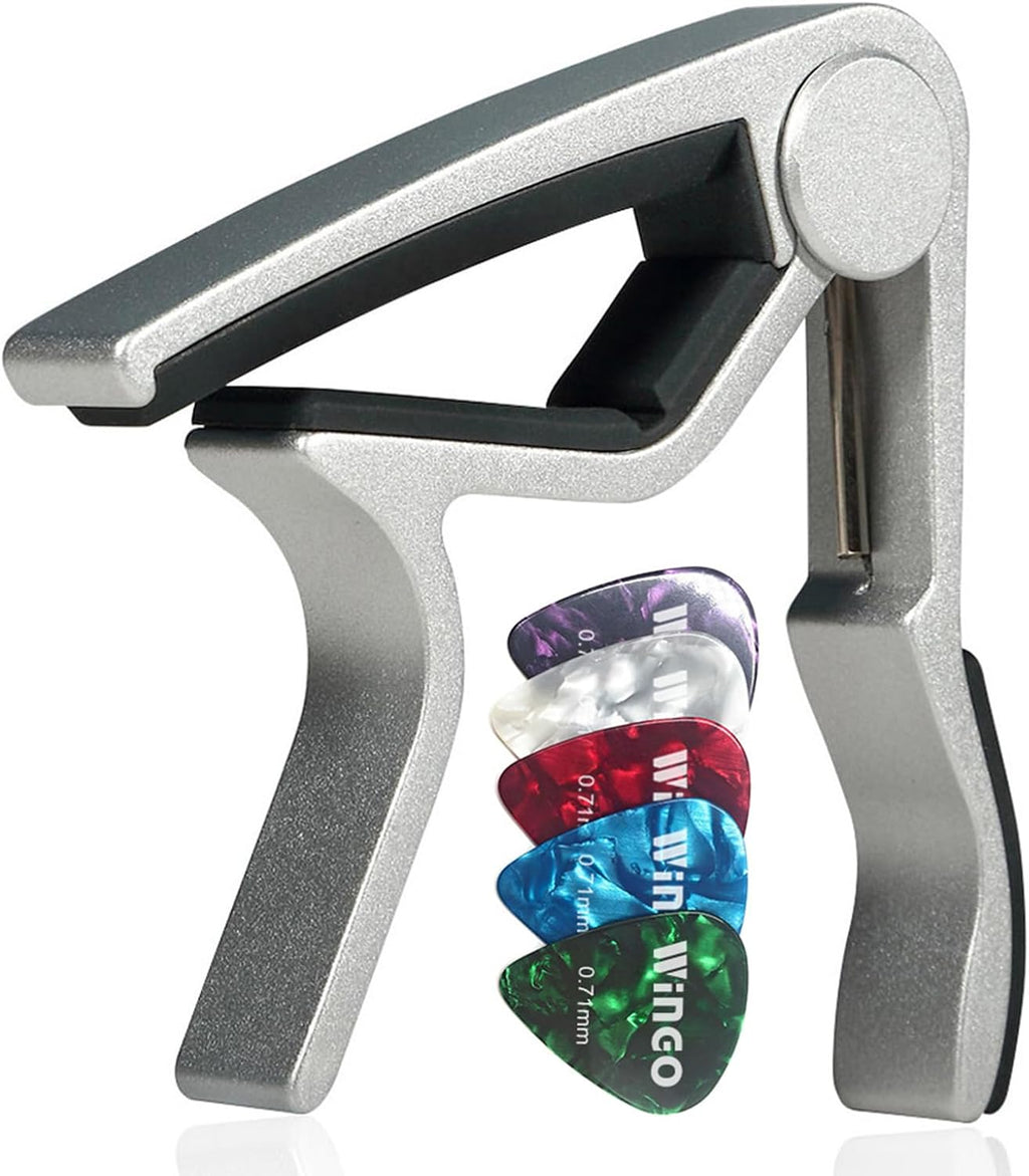 Guitar Capo for Acoustic and Electric Guitars with 5 Picks, Silver | Quick-Release, No Buzz, 6-String Steel
