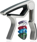 Guitar Capo for Acoustic and Electric Guitars with 5 Picks, Silver | Quick-Release, No Buzz, 6-String Steel