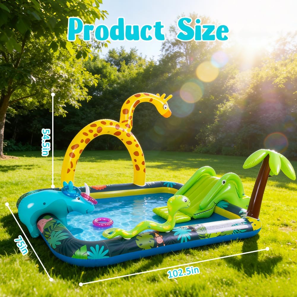 Inflatable Jungle Animal Play Center, Inflatable Water Park Kiddie Pool with Slide, Water Sprayer for Summer Outdoor