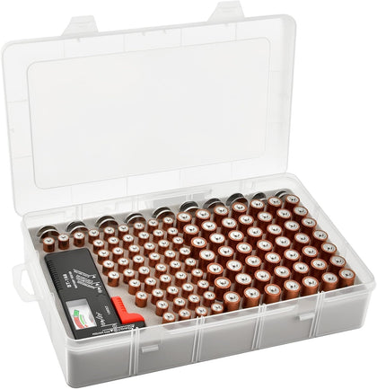 120-Slot Battery Organizer Case with Tester for AA AAA & Coin Cells | Clear Plastic Battery Box Holds 49 AA 51 AAA 10