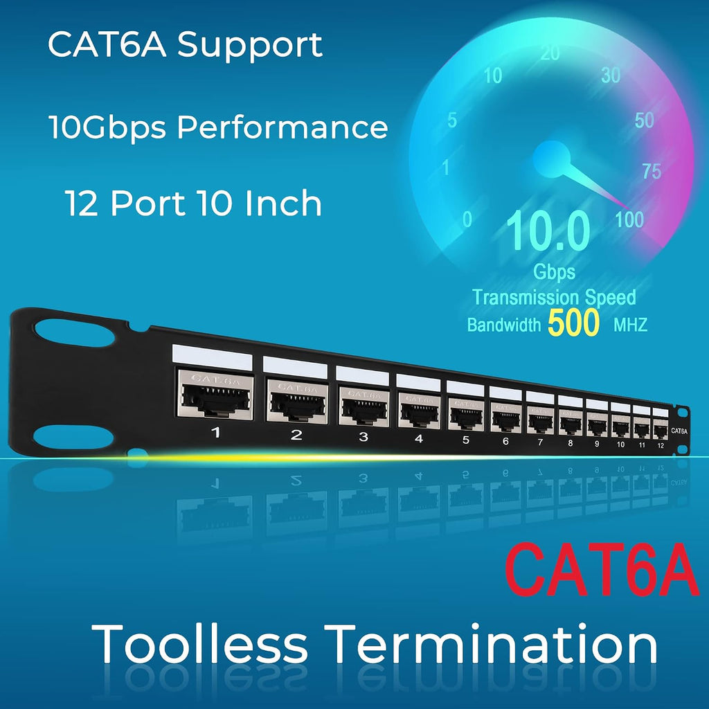 Mini 12 Port Cat6A Patch Panel with Inline Keystone 10G Support, Shielded 10-Inch with Removable Back Bar, 1U Network