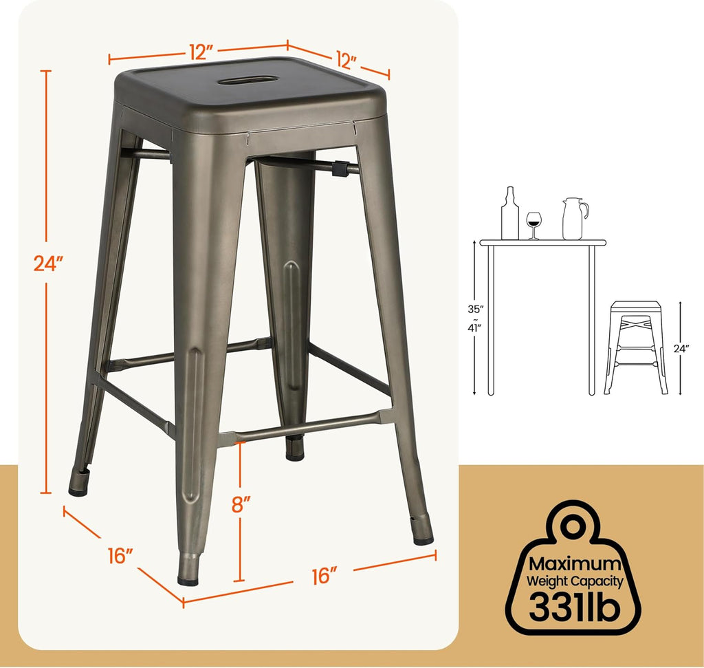24 Inch Metal Bar Stools Set of 4, Stackable Barstools, Metal