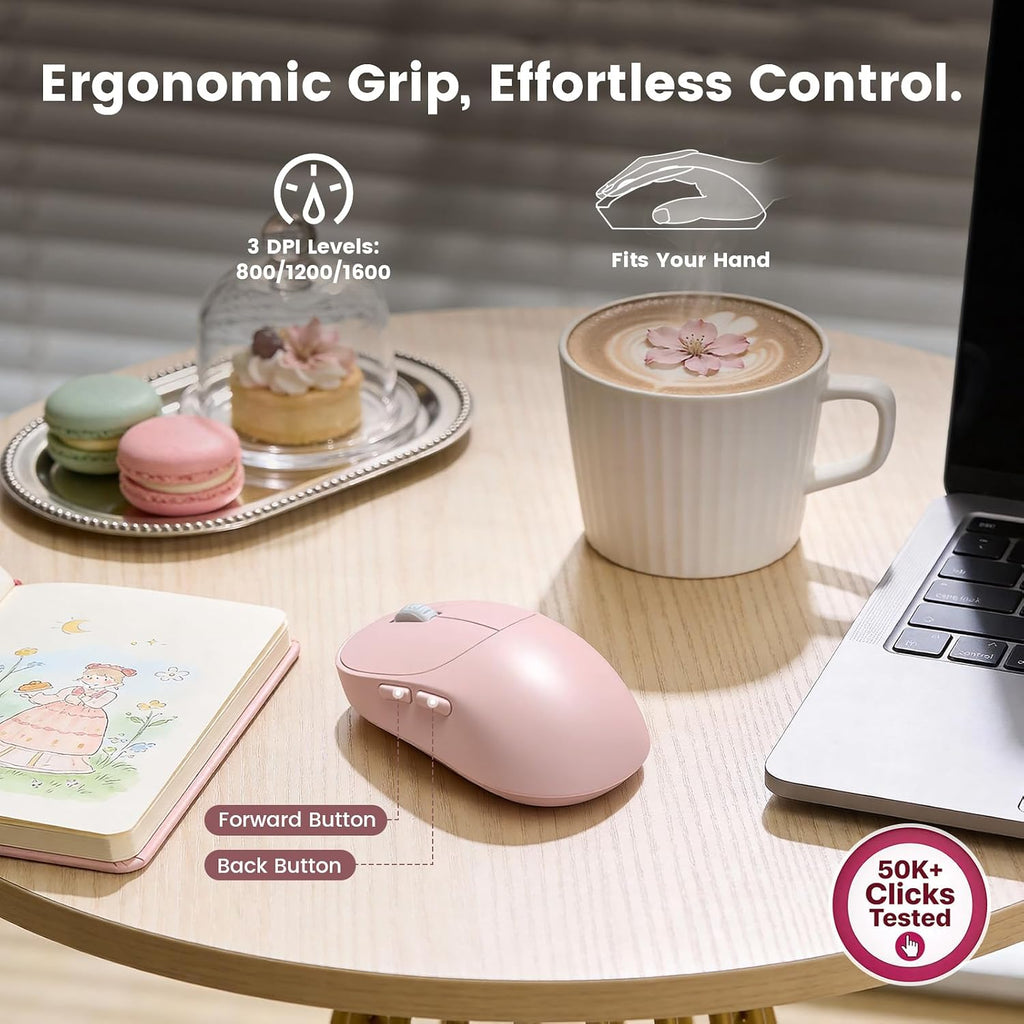 Wireless Keyboard and Mouse Combo, Magnetic Soft-Touch Wrist Rest, Pink | Round Keycaps, Full-Size Typewriter Style