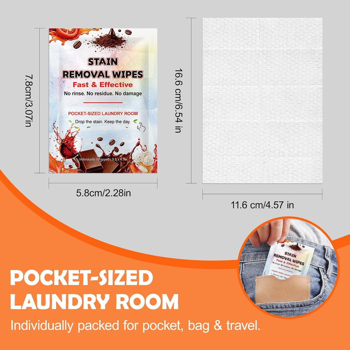 48CT Stain Remover Wipes,Portable Travel-Size Laundry Wipes for Clothes