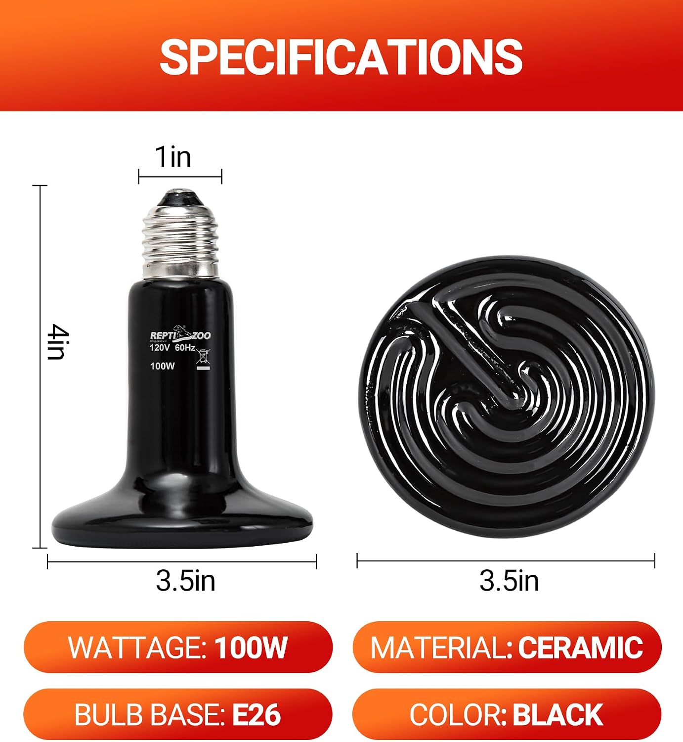 100W Reptile Heat Lamp 2Pack Ceramic Heat Emitter Night Heat Lamp Bulbs Reptile Terrarium Heat lamp Tank Heat Bulb