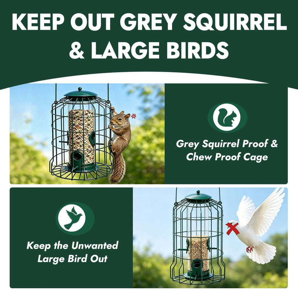 Squirrel Proof Bird Feeder, Metal Caged Outdoor Hanging Seed Feeder with Rainproof Cover & 4 Feeding Ports, Chew