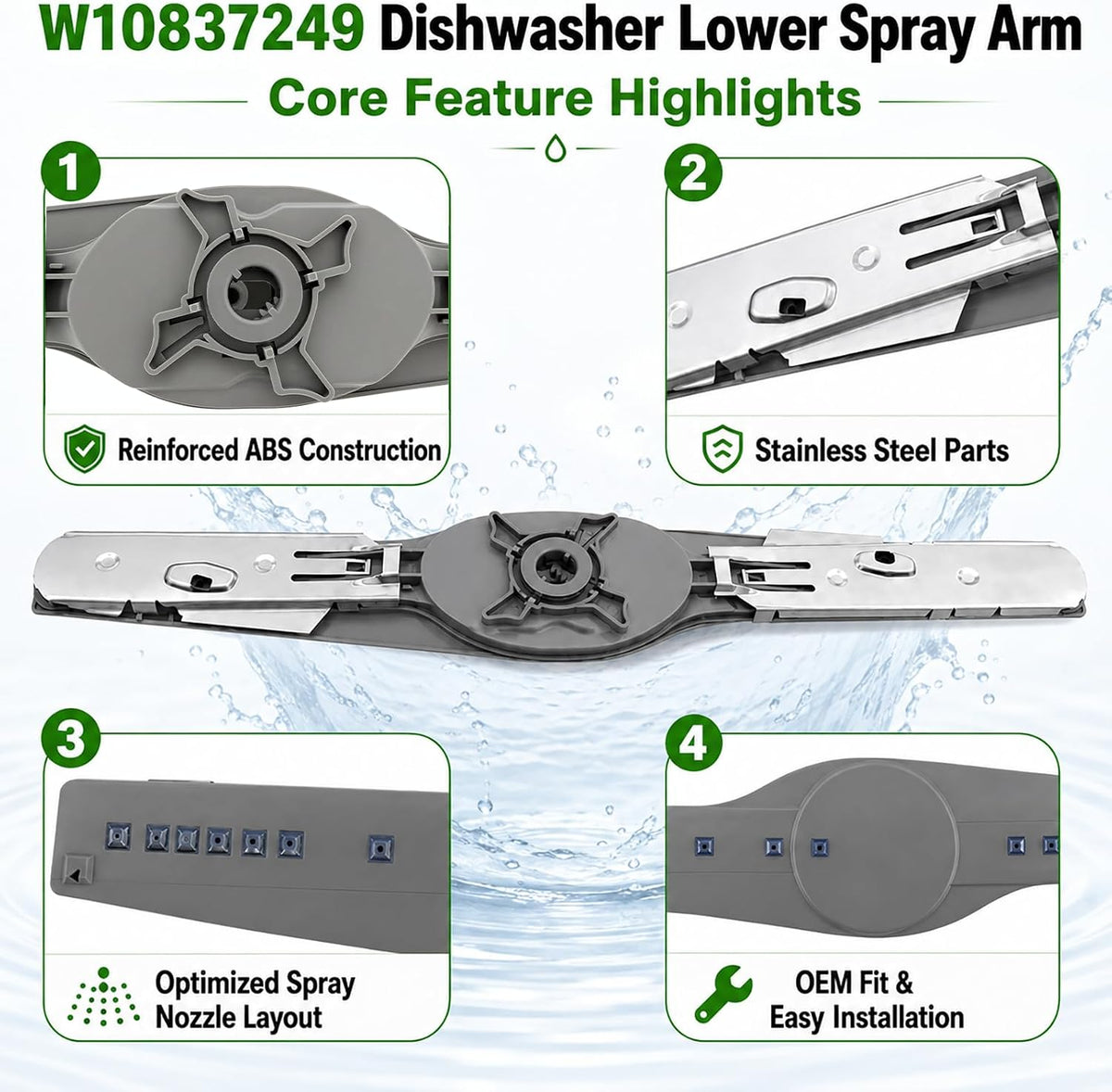 W10837249 Dishwasher Lower Spray Arm Replacement for Whirlpool Dishwasher
