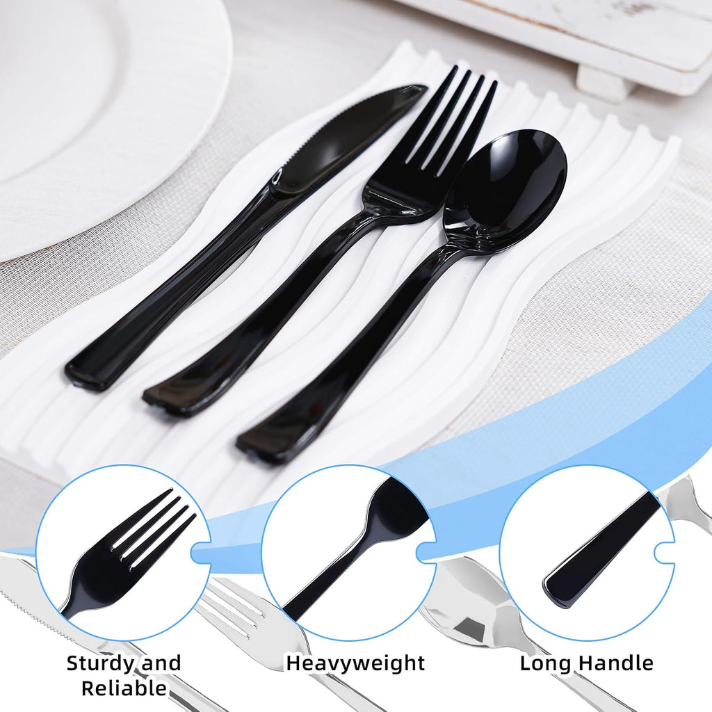 100 Count Black Plastic Silverware Set, Heavy Duty Disposable Cutlery