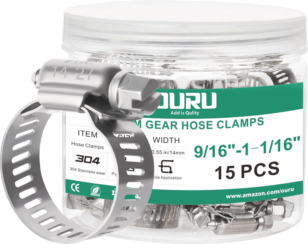 15PCS Hose Clamps Stainless Steel Adjustable 9/16"-1-1/16"(14-27mm) | Heavy Duty, Rust Resistant, Worm Gear Small