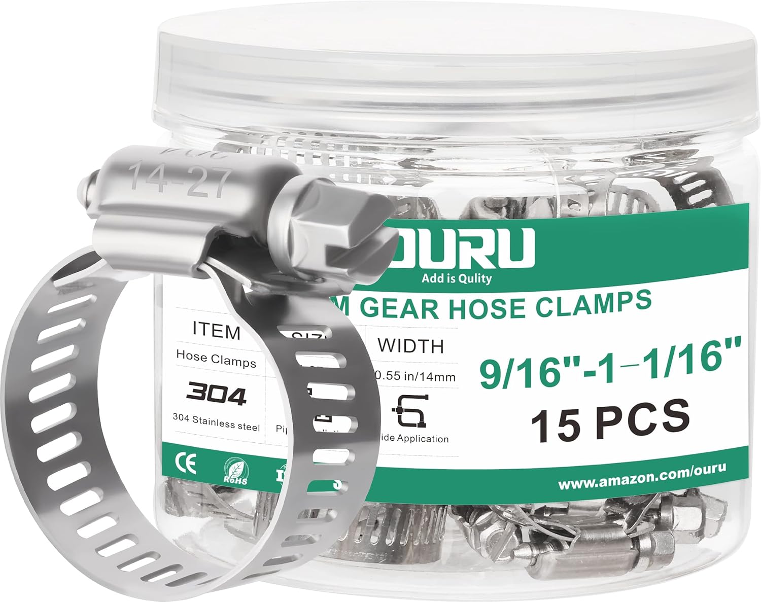 15PCS Hose Clamps Stainless Steel Adjustable 9/16"-1-1/16"(14-27mm) | Heavy Duty, Rust Resistant, Worm Gear Small