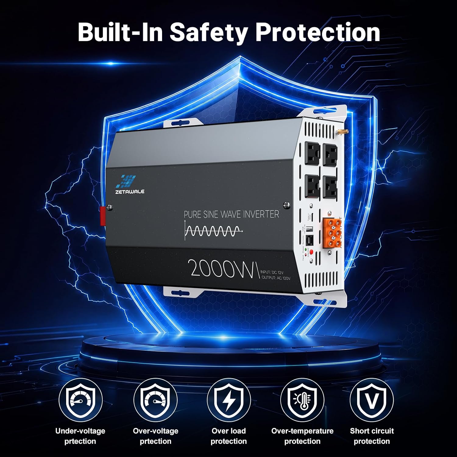 2000W Pure Sine Wave Inverter 12V DC to 120V AC Converter with LCD Remote | 4000W Peak,4AC Outlets, USB & Type-C