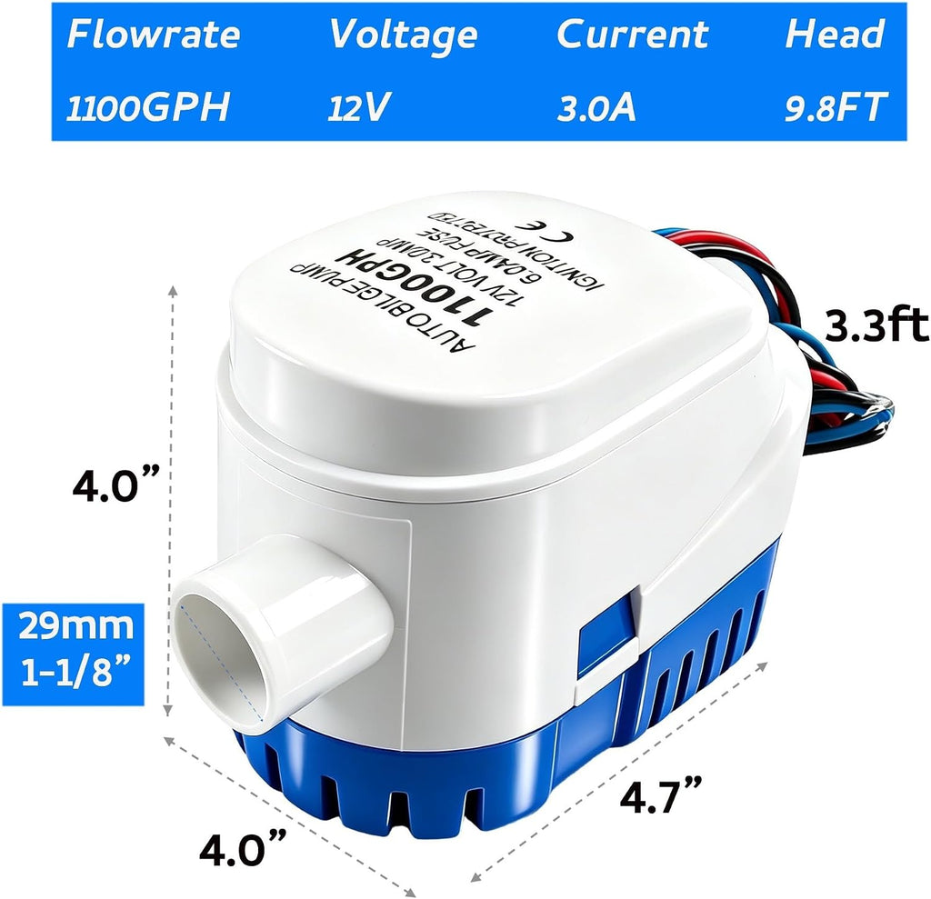 2pcs Automatic Bilge Pumps for Boats, 1100GPH 12V, w/Built-in Float Switch