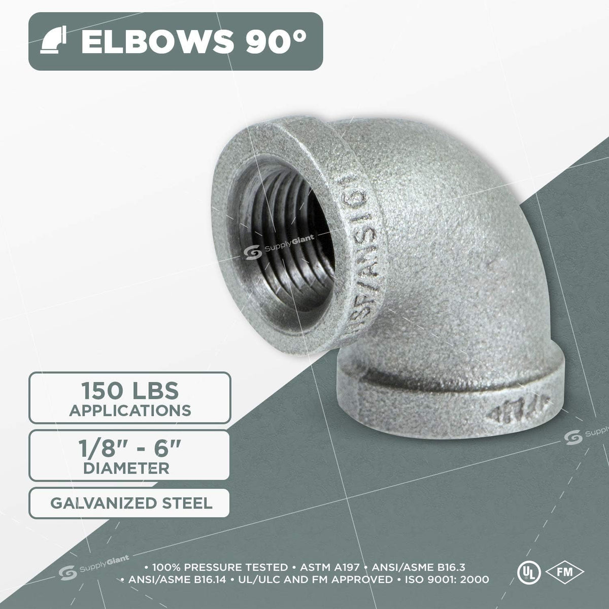 SUPPLYGIANT GMNL0012-10, 1/2 Inch 90 Degree Elbow, Malleable Iron Threaded Pipe Fitting, Galvanized (Pack Of 10)
