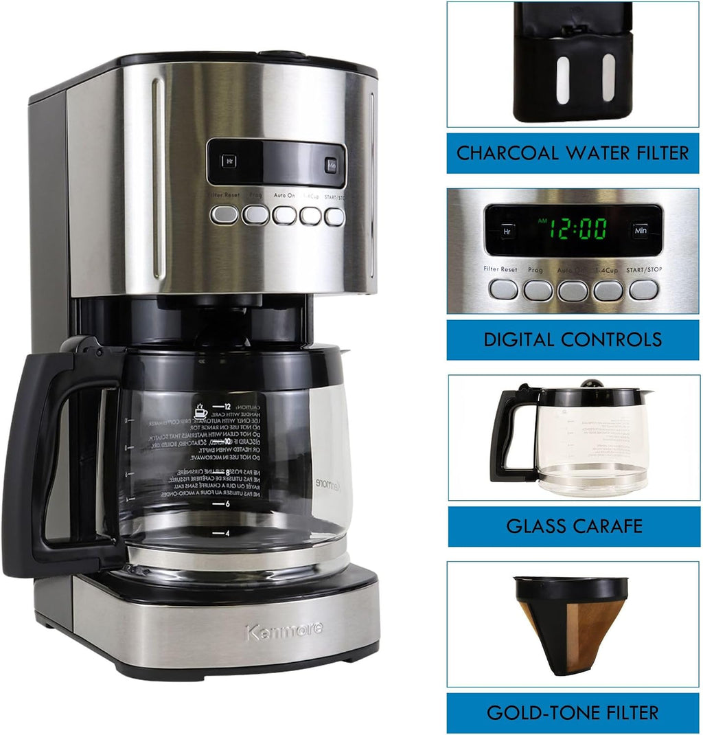 Kenmore Drip Coffee Maker - Programmable Cafe Machine With Glass Pot, Regular & Bold Brew, Auto Shut Off Large Water
