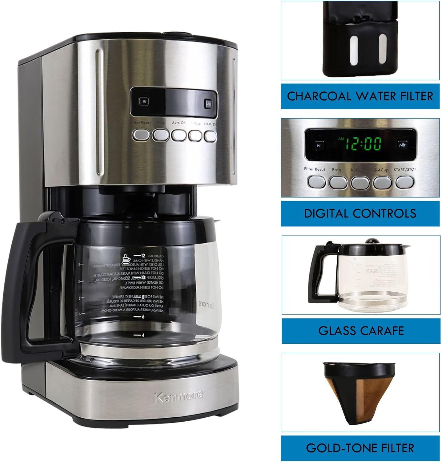 Kenmore Drip Coffee Maker - Programmable Cafe Machine With Glass Pot, Regular & Bold Brew, Auto Shut Off Large Water