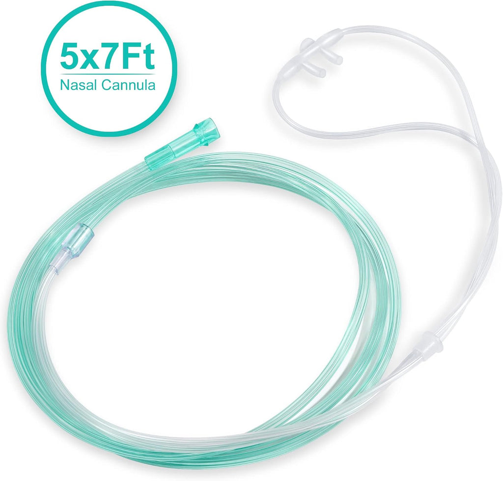 Oxygen Nasal Cannula for Adult - 7 ft Soft Tubing, 5 Pack, Green