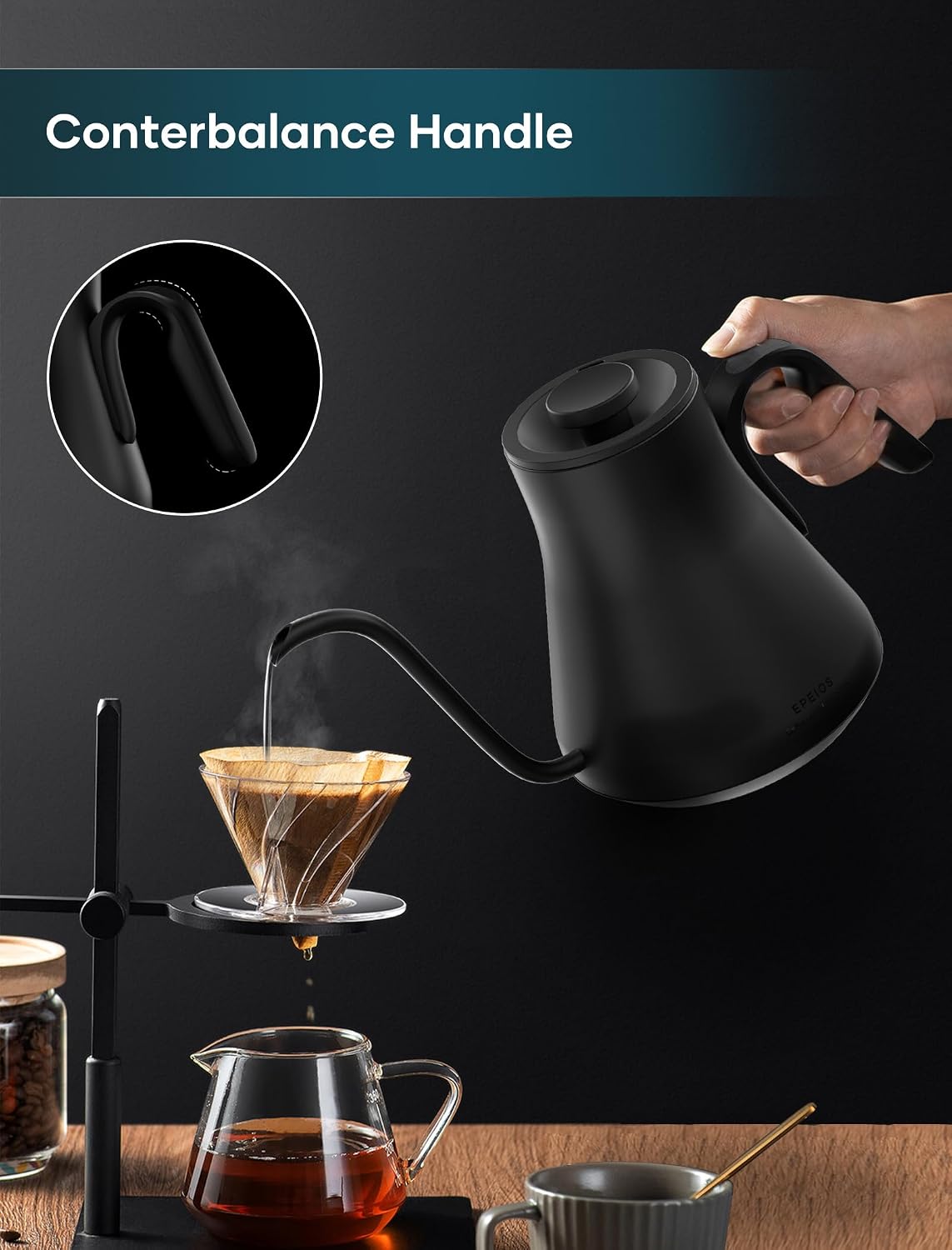 Gooseneck Electric Kettle with ±1℉ Temperature Control 0.9 Liter | 1500W Quick Heating, Stainless Steel Inner, Pour