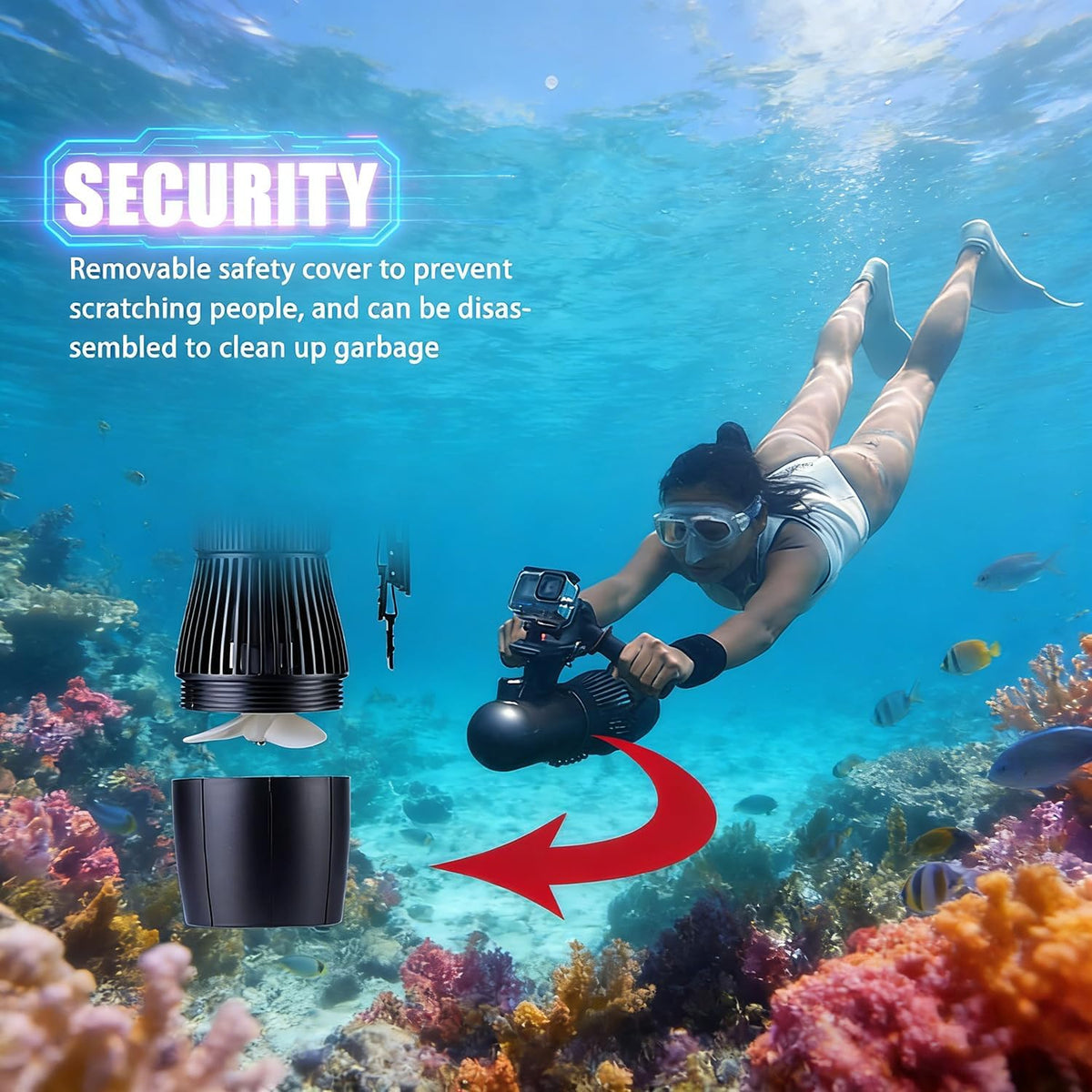 500W Electric Underwater Scooter, 40M Free Diving Snorkeling Sea Scooter, Brushless Motor Removable Battery Water