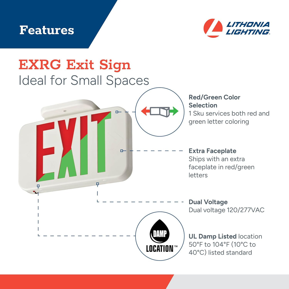 Single-Sided LED Exit Sign, Thermoplastic Construction, Switchable Red and Green Colors, AC Power, Includes Extra