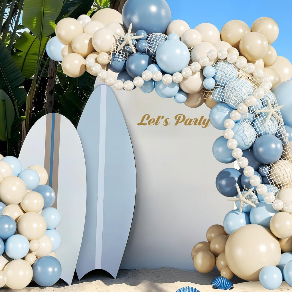 Blue Beach Balloon Arch Kit, 140Pcs Blue and White Balloon Arch Kit Including Dusty Light Blue Pearl White Sand White