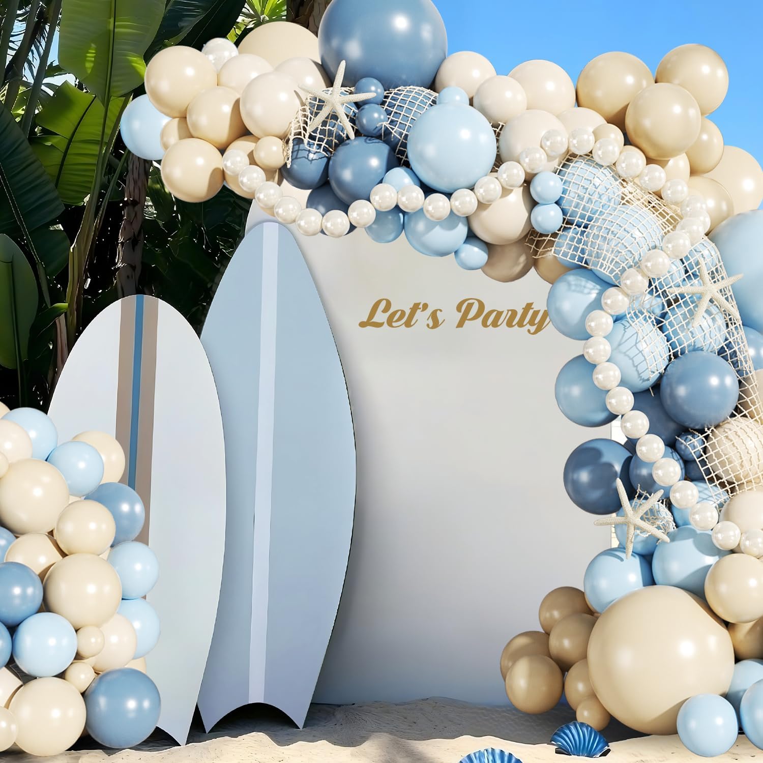 Blue Beach Balloon Arch Kit, 140Pcs Blue and White Balloon Arch Kit Including Dusty Light Blue Pearl White Sand White