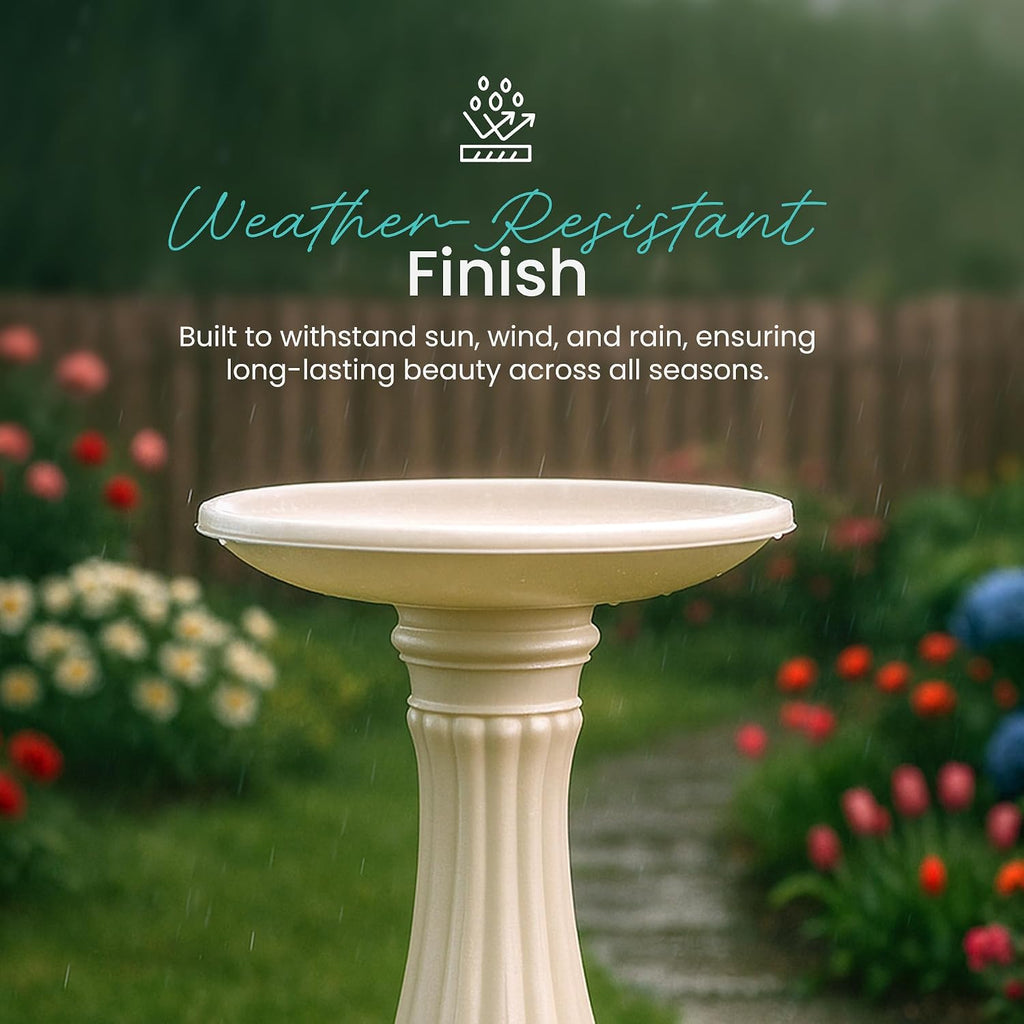 Round Outdoor Bird Bath, Fillable Base, 17" D x 25" H, White