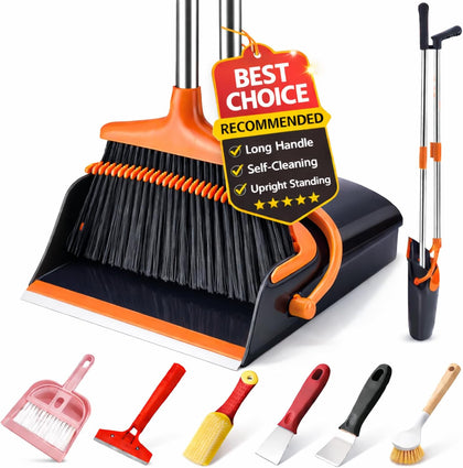 Broom and Dustpan Set with Long Handle, Upright Standing Self-Cleaning Combo, Windproof Dustpan with 6 Bonus Cleaning
