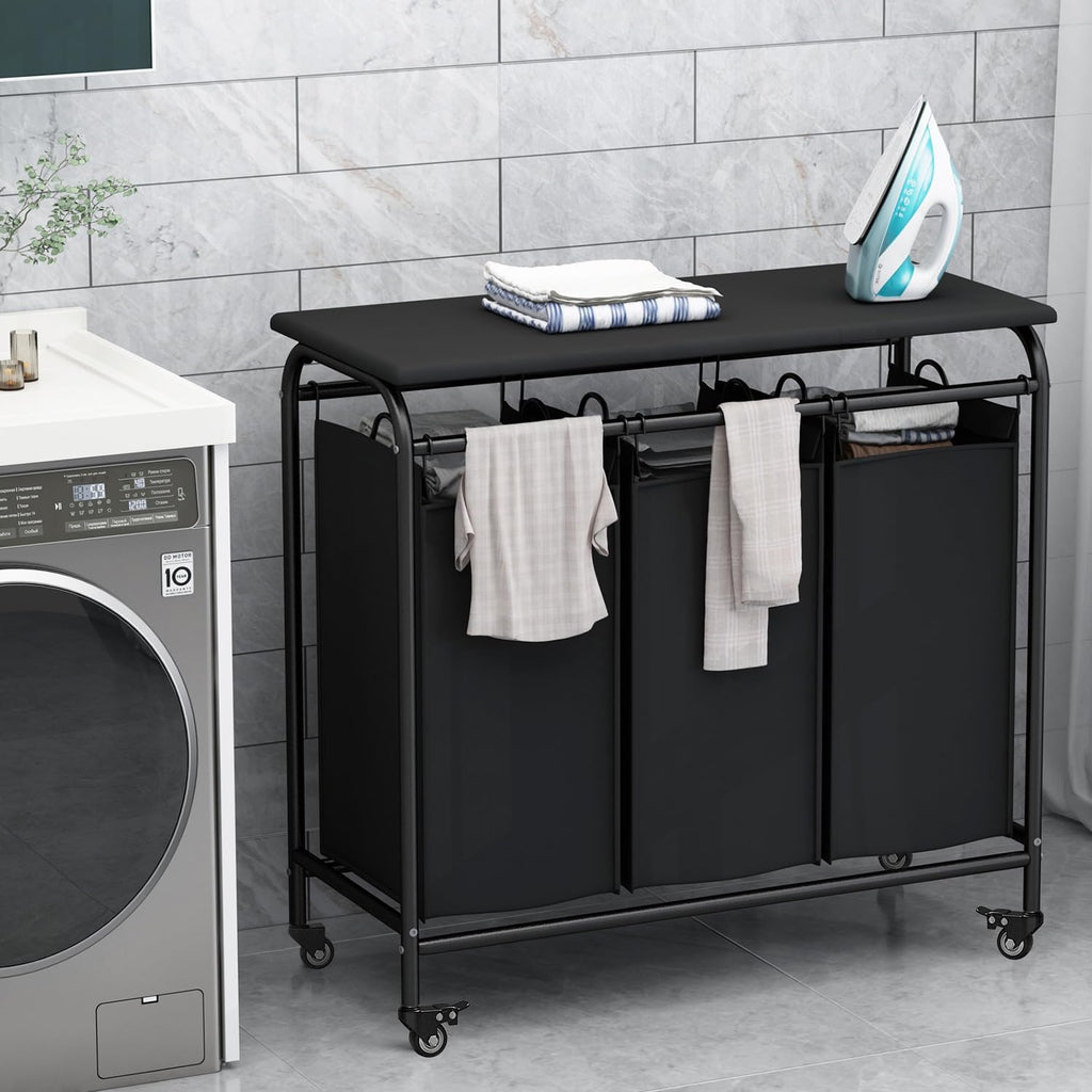 3-Bag Laundry Hamper with Ironing Board, Black 135L Laundry Sorter | Laundry Room Organization with Heavy Duty