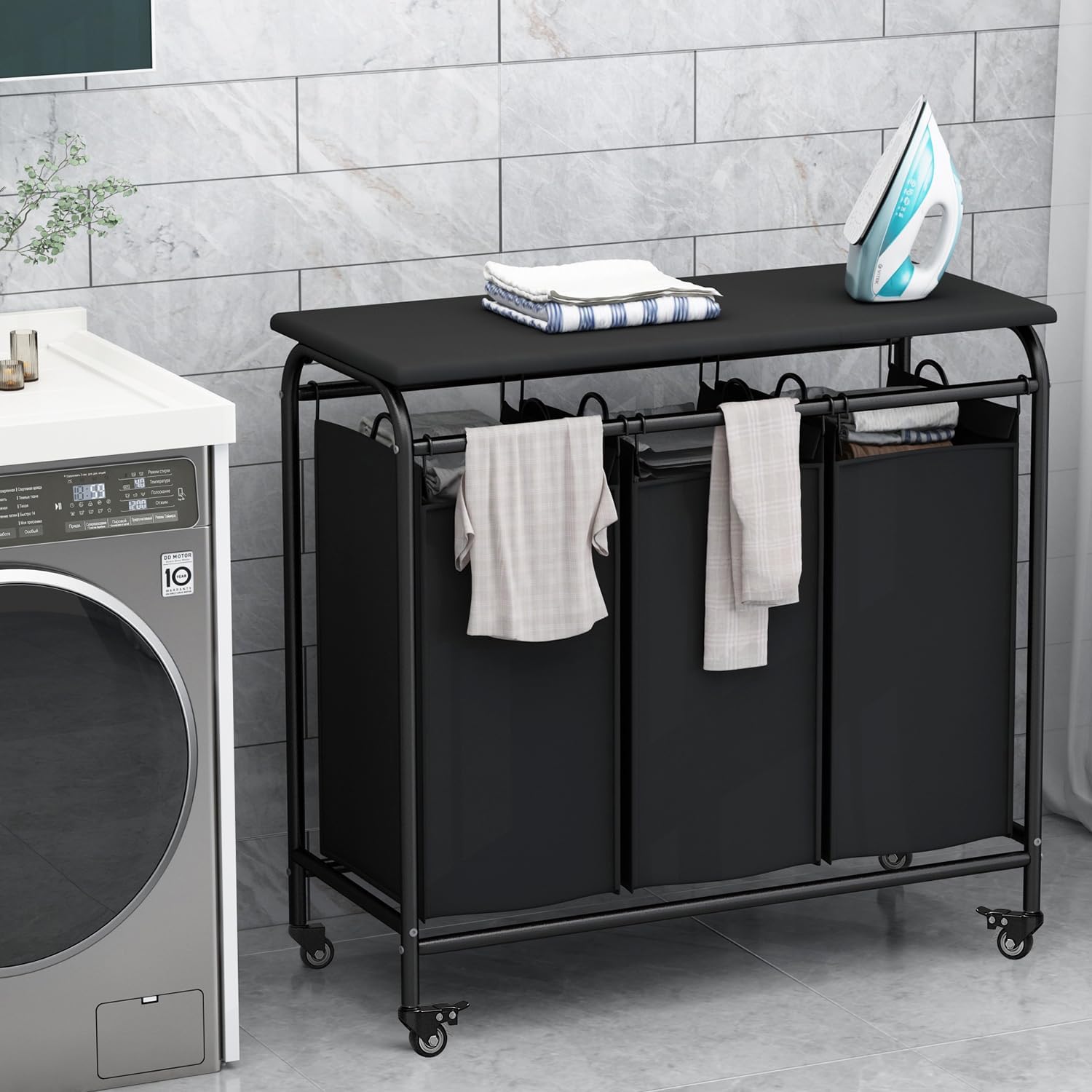 3-Bag Laundry Hamper with Ironing Board, Black 135L Laundry Sorter | Laundry Room Organization with Heavy Duty