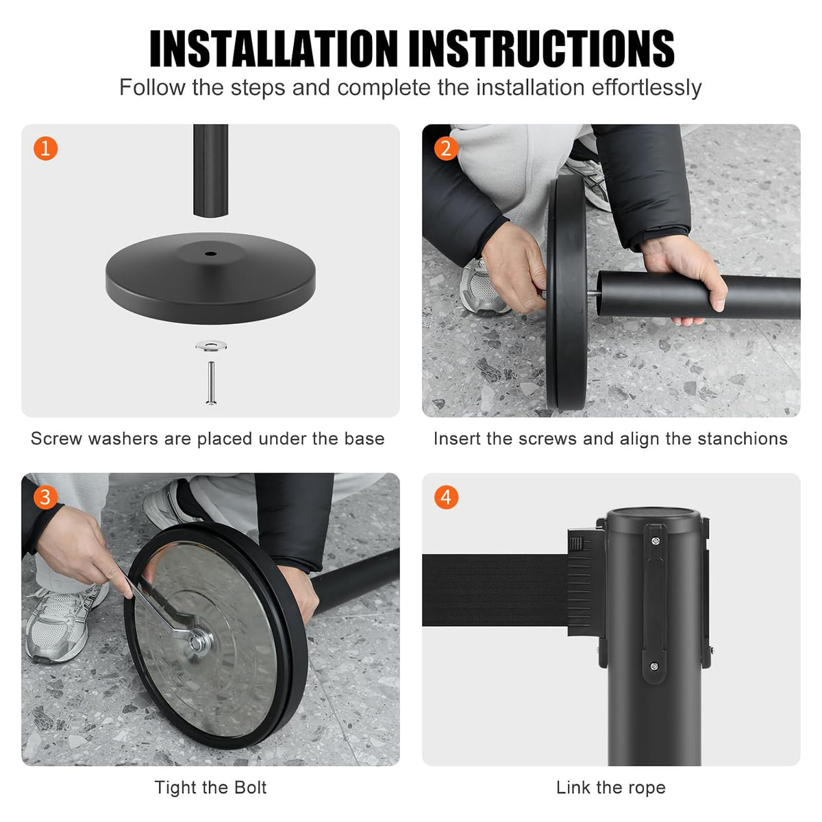 2 Pack Stanchions with Retractable Barriers 11 Feet Belts (Black)