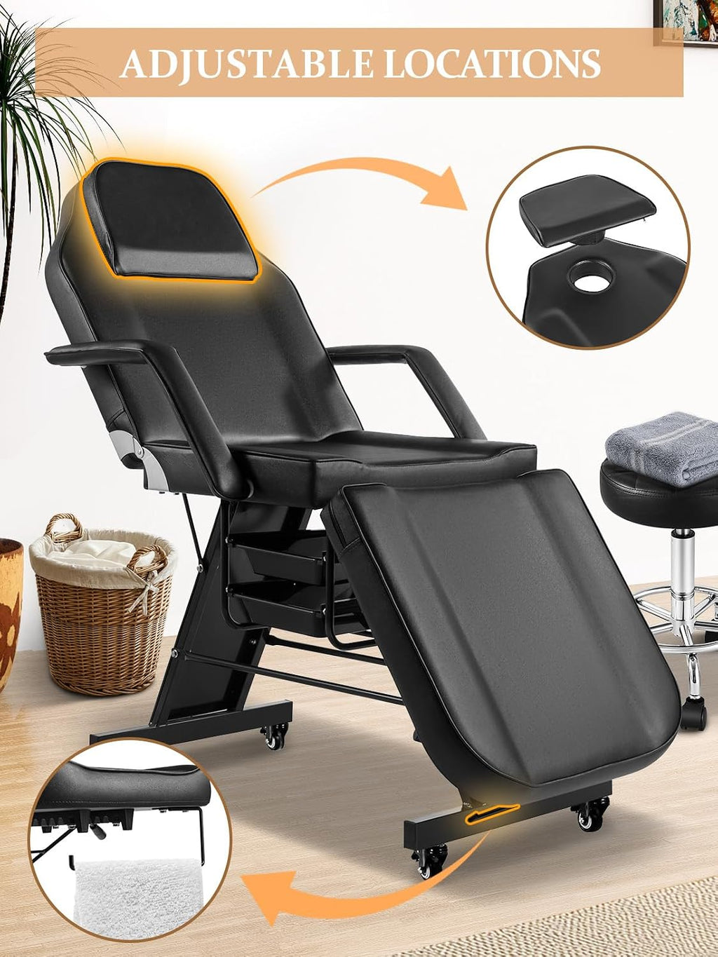 Tattoo Chair for Client, Esthetician Bed with Rolling Stool and Wheels Adjustable Beauty Salon Spa Table 360 Swivel