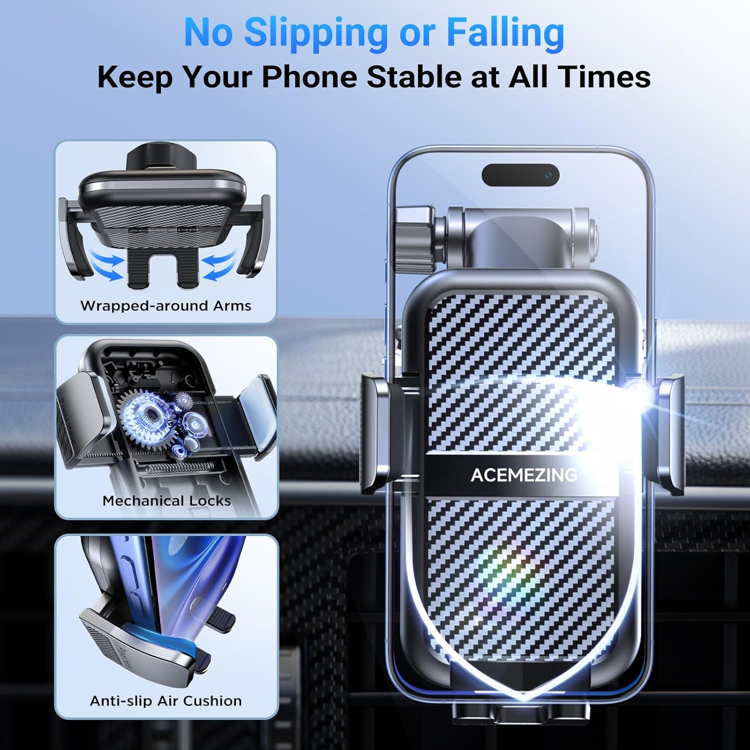 3-in-1 Car Phone Holder [122+LBS Strongest Suction & Stable Clamp Arm] 360° Adjustable Car Phone Mount, Cell Phone
