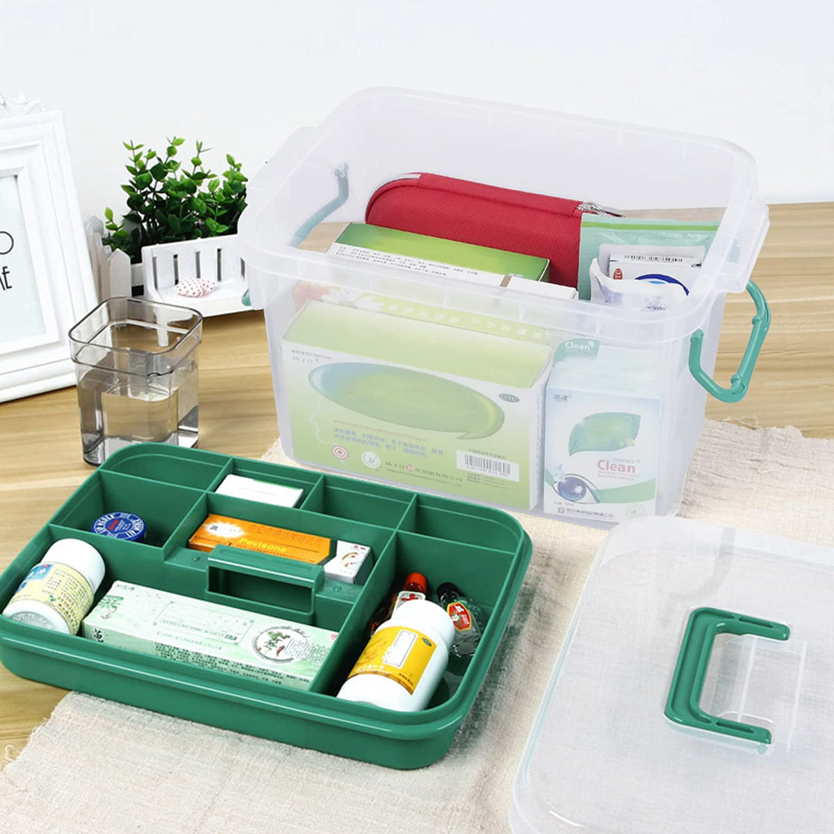 1-Pack Clear Storage Box Container, Family First Aid Box with Handle