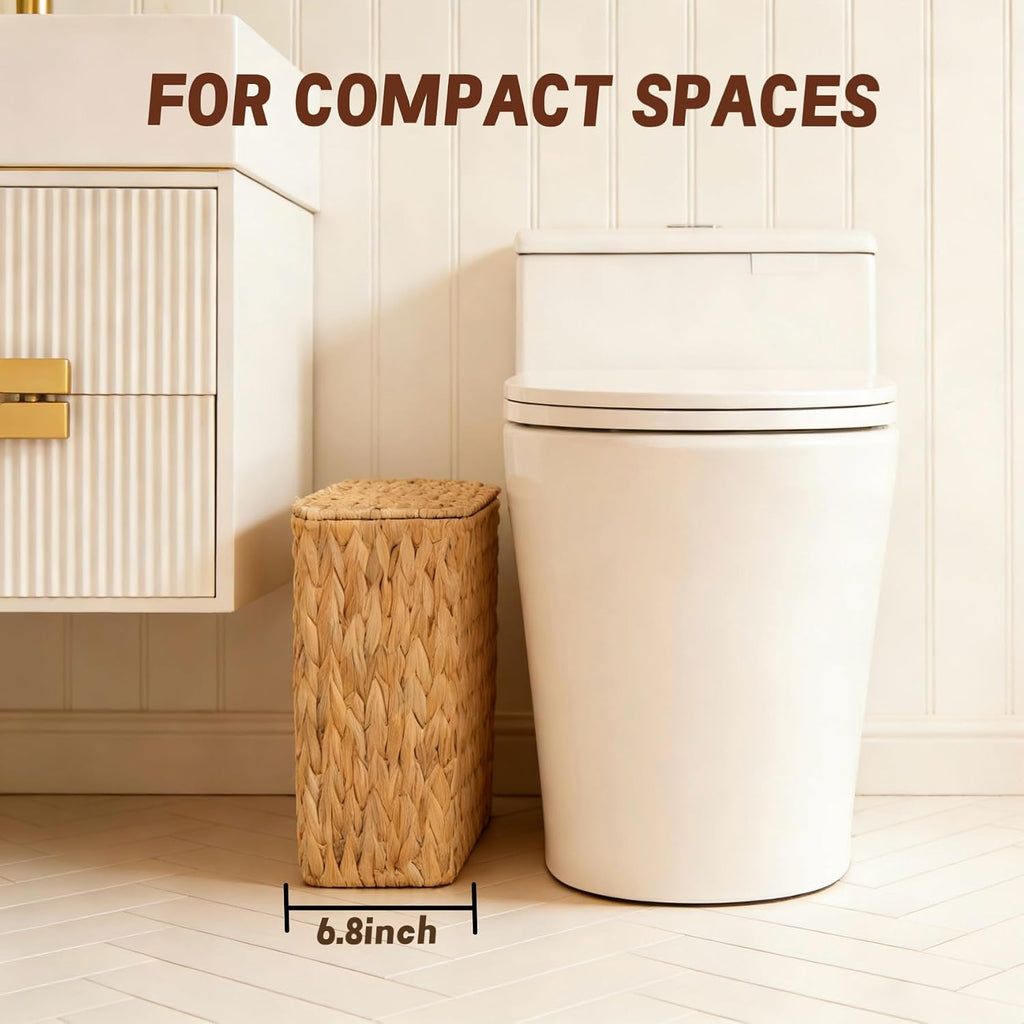 Wicker Trash Can,2.5 Gallon Bathroom Trash Can with Lid,Natural Water Hyacinth Wicker Waste Basket with Removable Liner