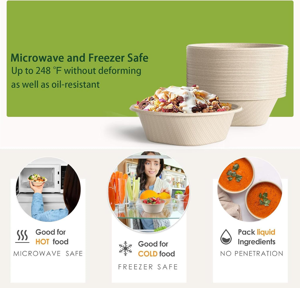 Disposable Bowls 24 Oz [50 Pack] - Compostable Bowls, Heavy Duty Paper Bowls Microwave Safe BPA-Free Eco Dinnerware