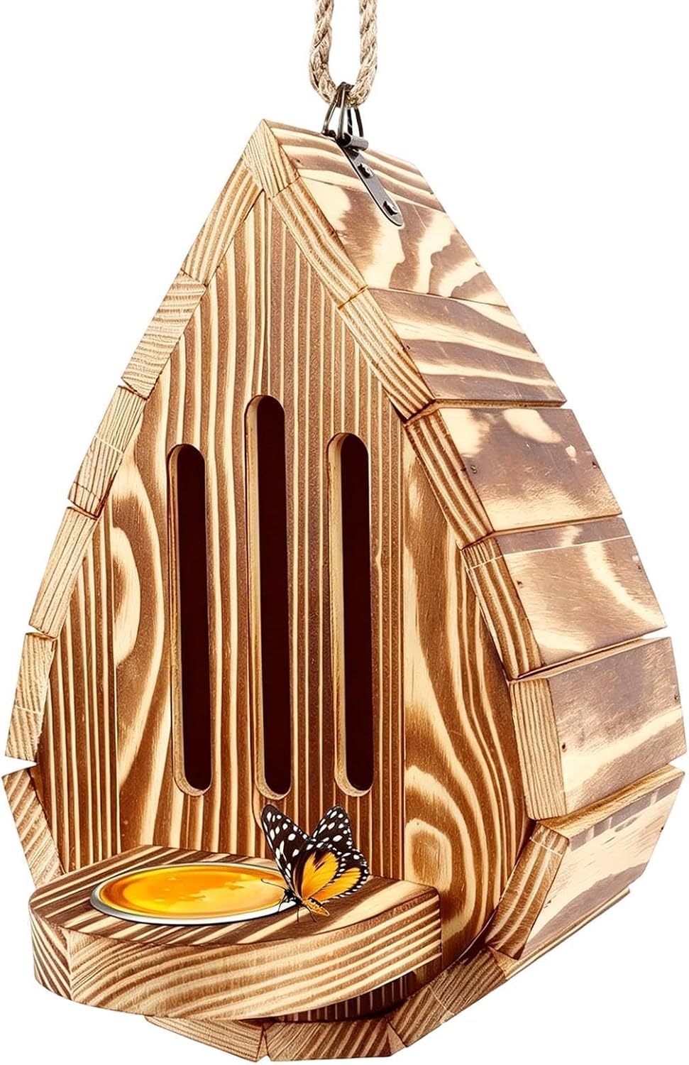 Water Droplets Shaped Wooden Butterfly House, Wooden Hanging Butterfly Habitat & Feeder with Rope & Puddler, Hanging