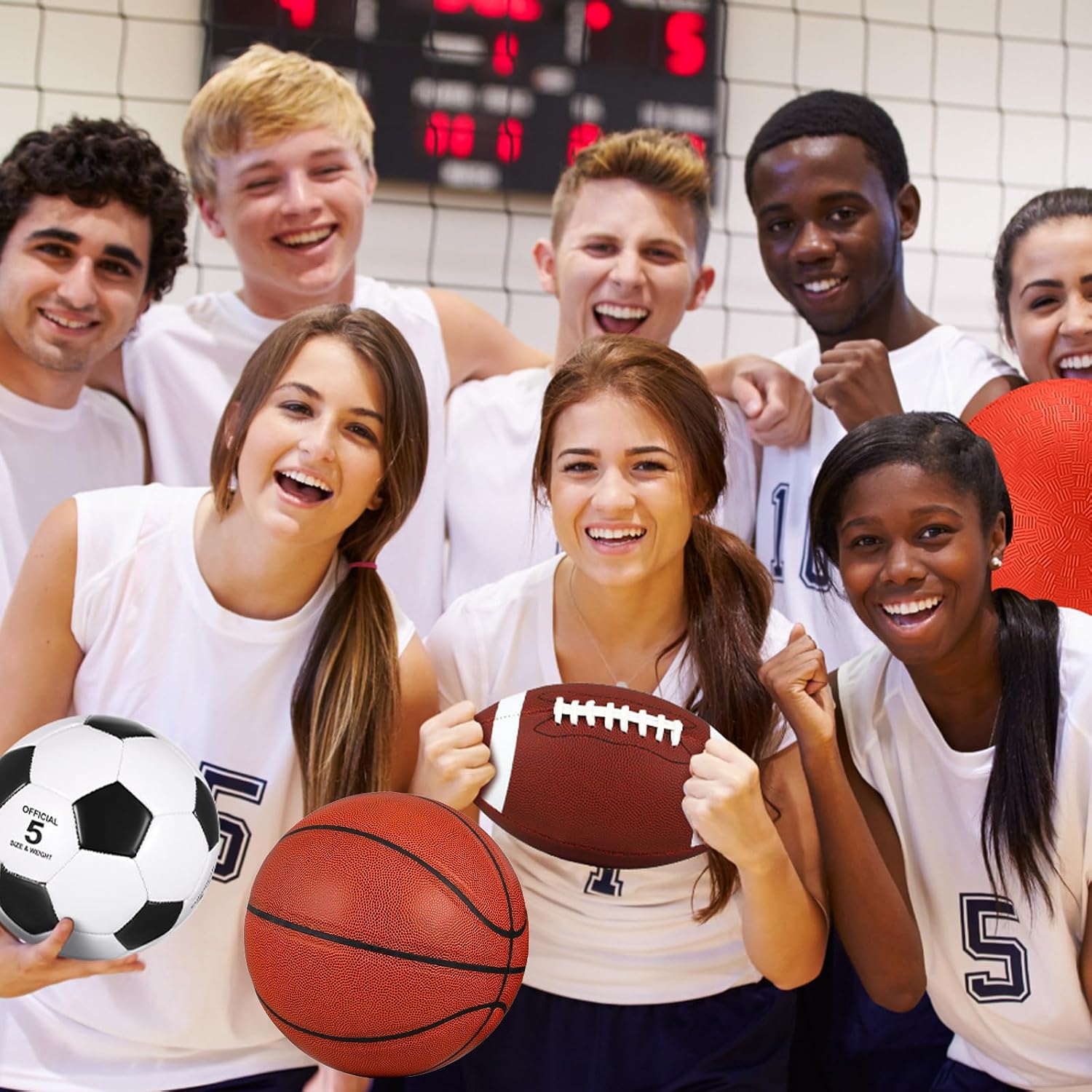4 Pcs Sports Balls Set for Teen Adult, Include Official Size Basketball Soccer Football Playground Ball Pump