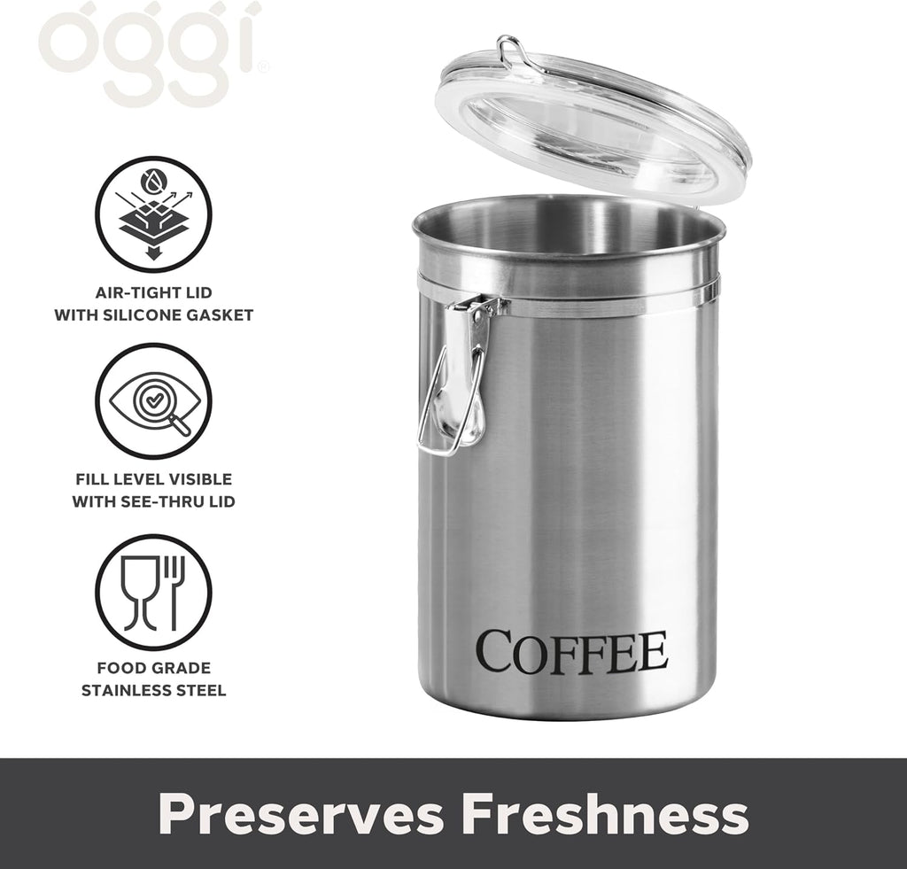 Stainless Steel Coffee Canister 62 fl oz - Airtight Clamp Lid, Clear See-Thru Top - Ideal for Coffee Bean Storage