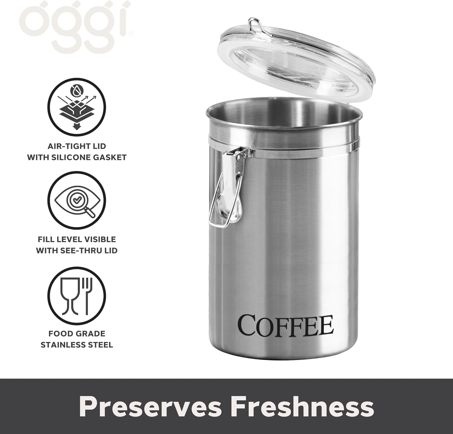 Stainless Steel Coffee Canister 62 fl oz - Airtight Clamp Lid, Clear See-Thru Top - Ideal for Coffee Bean Storage
