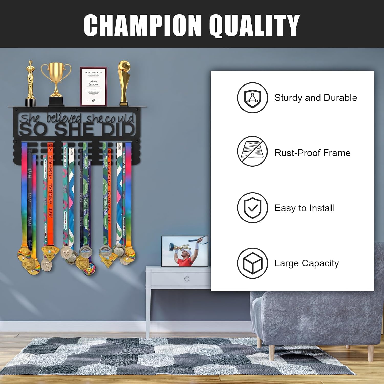 Medal Hanger Display with Trophy Shelf, Medal Holder Trophy Display Shelf | Upgraded Sports Ribbon Holder Simple Wall
