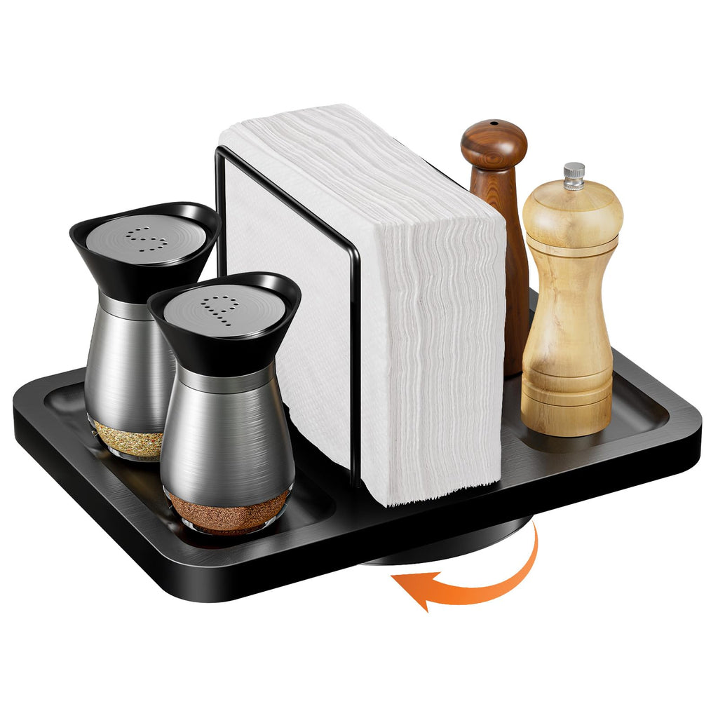 Rotating Napkin Holder for Table with Salt Pepper Shakers Caddy, Black