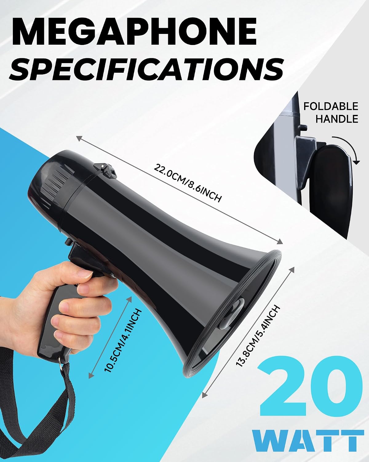 20W Rechargeable Megaphone Speaker Built in 240s Recording & Siren, Up to 300ft Voice Range/650ft Siren