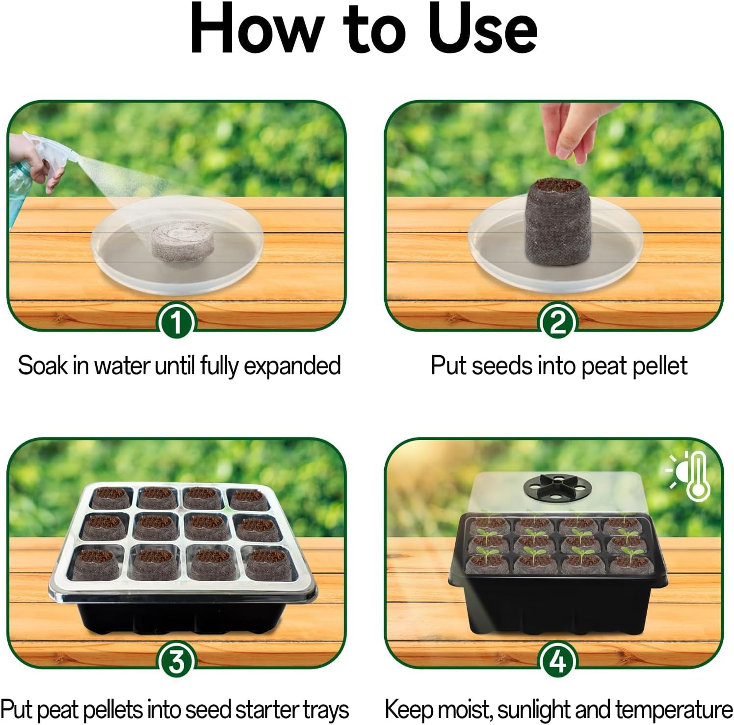 4 Pack Seed Starter Tray with 50 PCS Peat Pellets, 48 Cells Black Seeding Starter Trays for Organic Seed Starter Soil