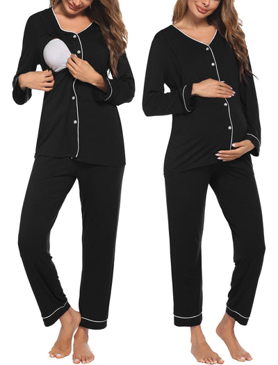 Maternity Pajama Set Button Down Nursing Pajamas Long Sleeve Breastfeeding Loungewear with Adjustable Pants Black
