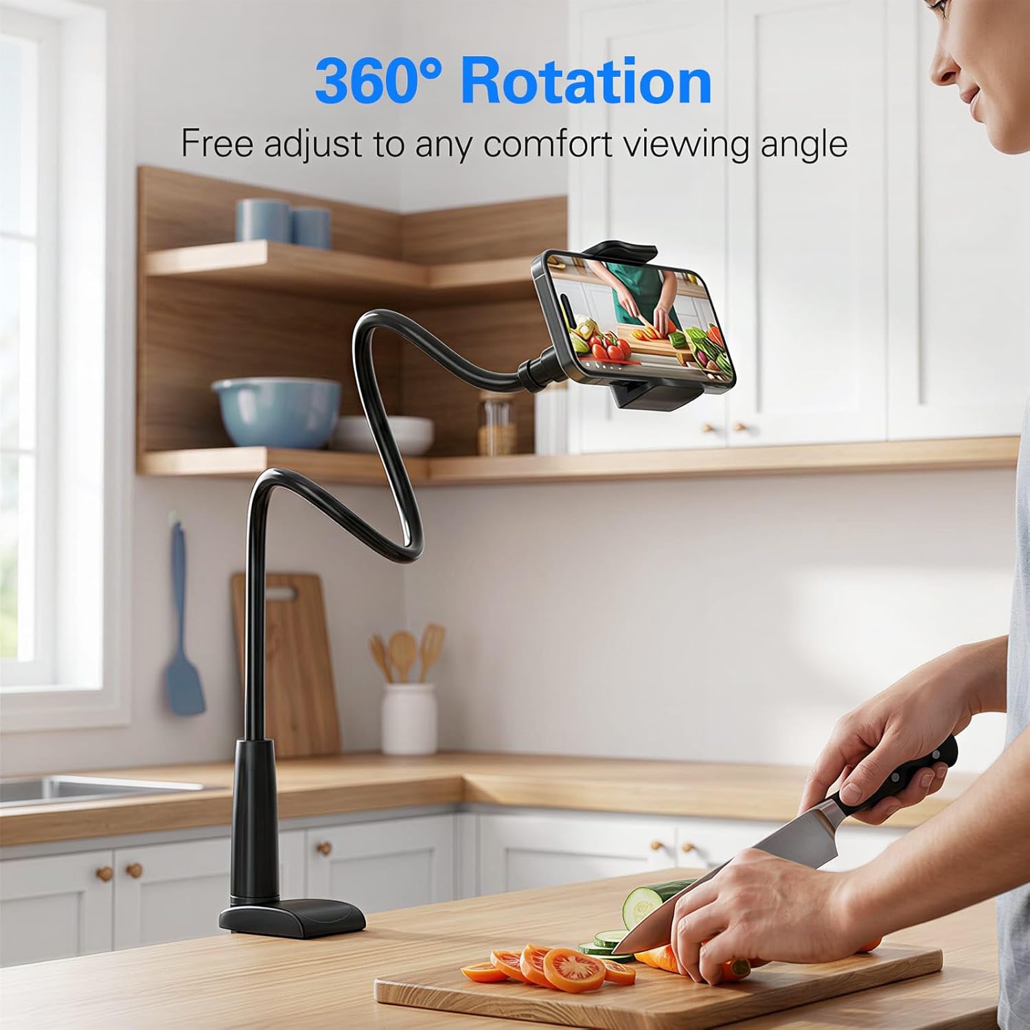 Gooseneck Phone Holder for Bed, Flexible Overhead Cell Phone Mount for Desk, Hands-Free Viewing Clamp Stand