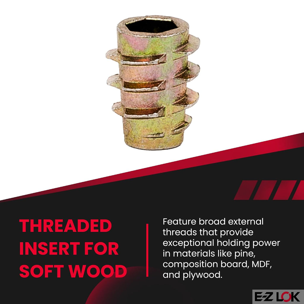 E-Z LOK Hex Thread Insert for Soft Wood, Flush, 10-32, 10mm, 50 ct