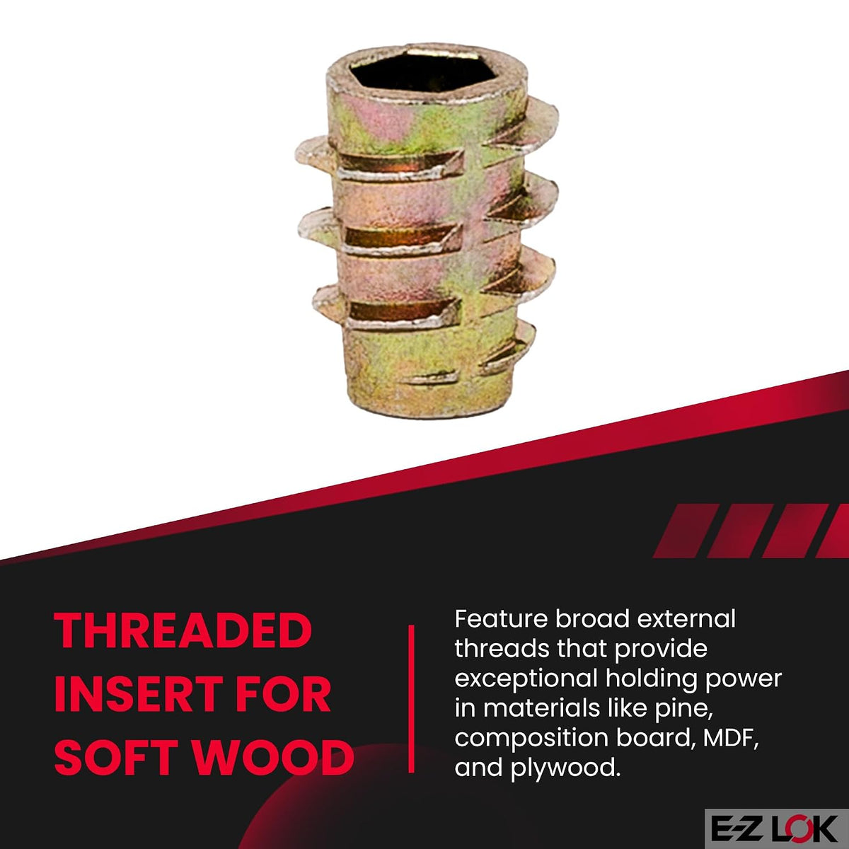 E-Z LOK Hex Thread Insert for Soft Wood, Flush, 10-32, 10mm, 50 ct