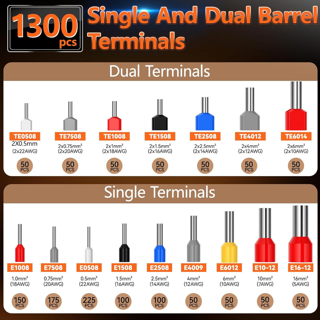 Preciva Ferrule Crimping Tool Kit - AWG 28-5 (0.08-16mm²) Hexagonal Ferrule Crimper with 950Pcs Single and 350Pcs Twin Ferrules Connectors, Self-Adjustable Ratchet Ferrule Terminals Crimping Tool